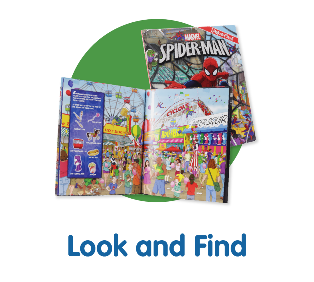 Circle containing Marvel Spider-Man Look and Find Book. Look and Find