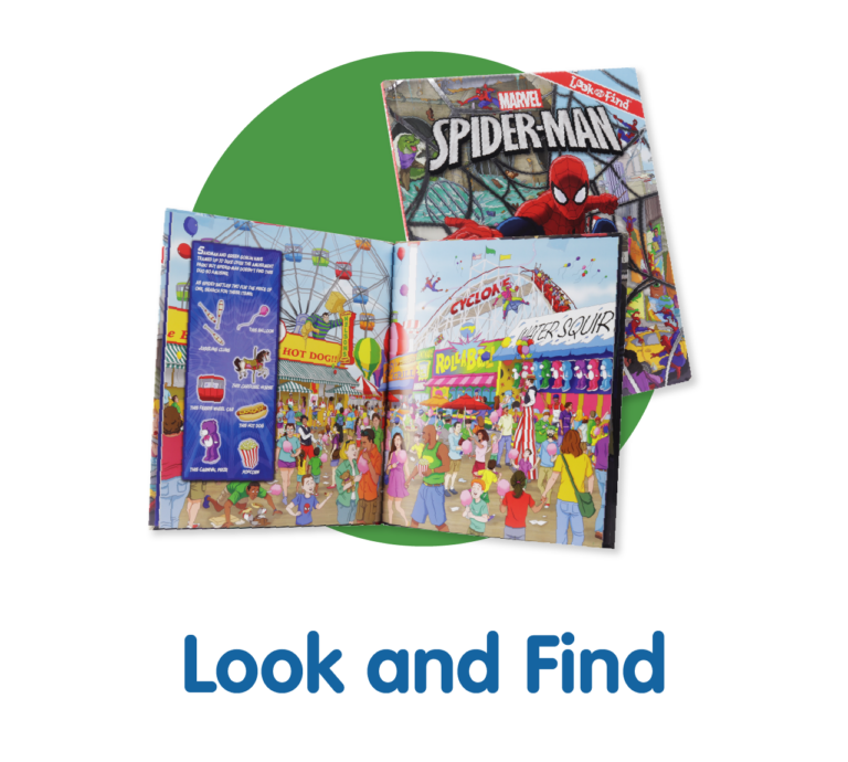 Circle containing Marvel Spider-Man Look and Find Book. Look and Find